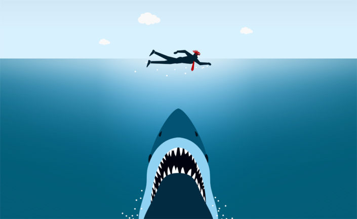 What is Fintech Stacking & Why You Need to Avoid It A swimmer and a shark illustration