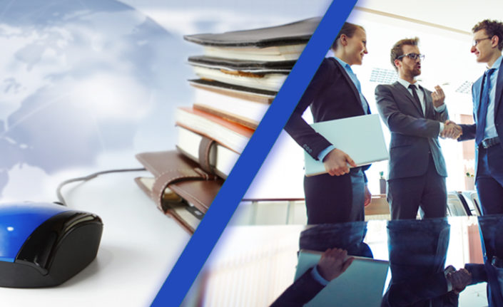Improve financial skills Notebooks and group of business people shaking hands